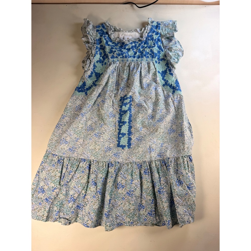 j.marie Floral Midi Dress Women Small Blue Boho Y2k Embroidered Ruffle Flutter